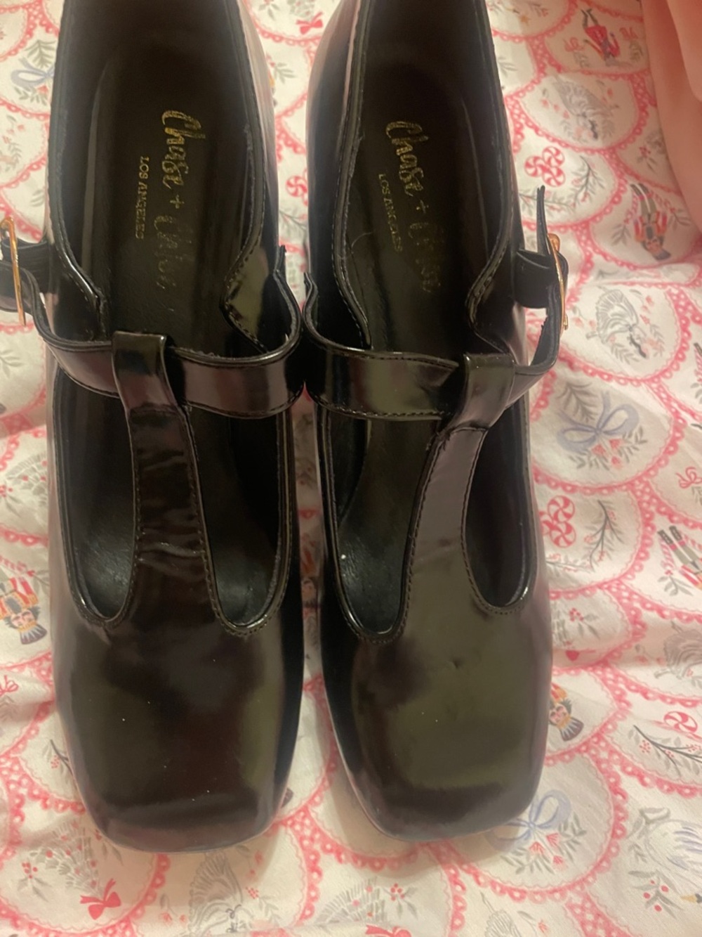 Chase + Chloe Black Patent T-Strap Block Heel Pumps